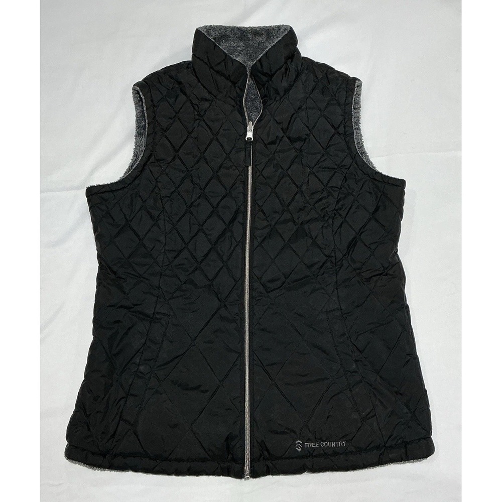 Free Country Reversible Quilted Vest Womens Medium Black Fall Preppy